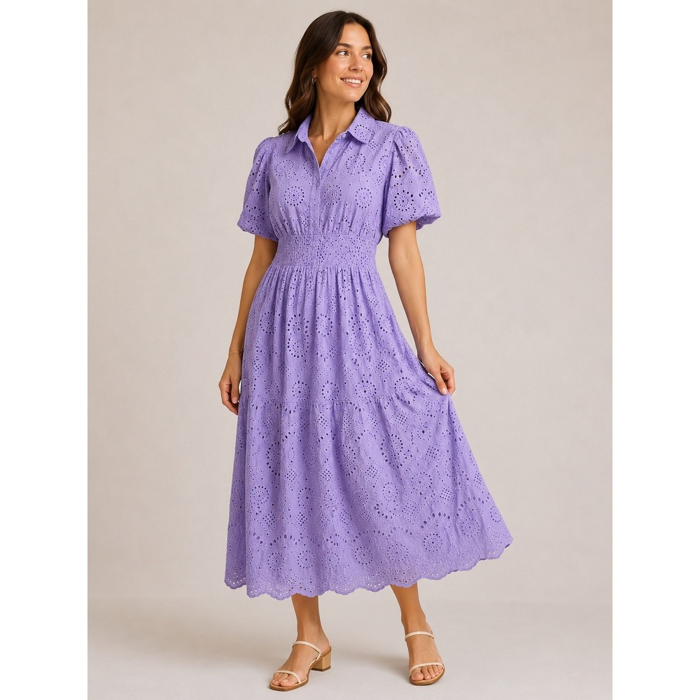 Shop The Mint Purple Eyelet Midi Dress Smocked Waist Puff Sleeve Lavender Small